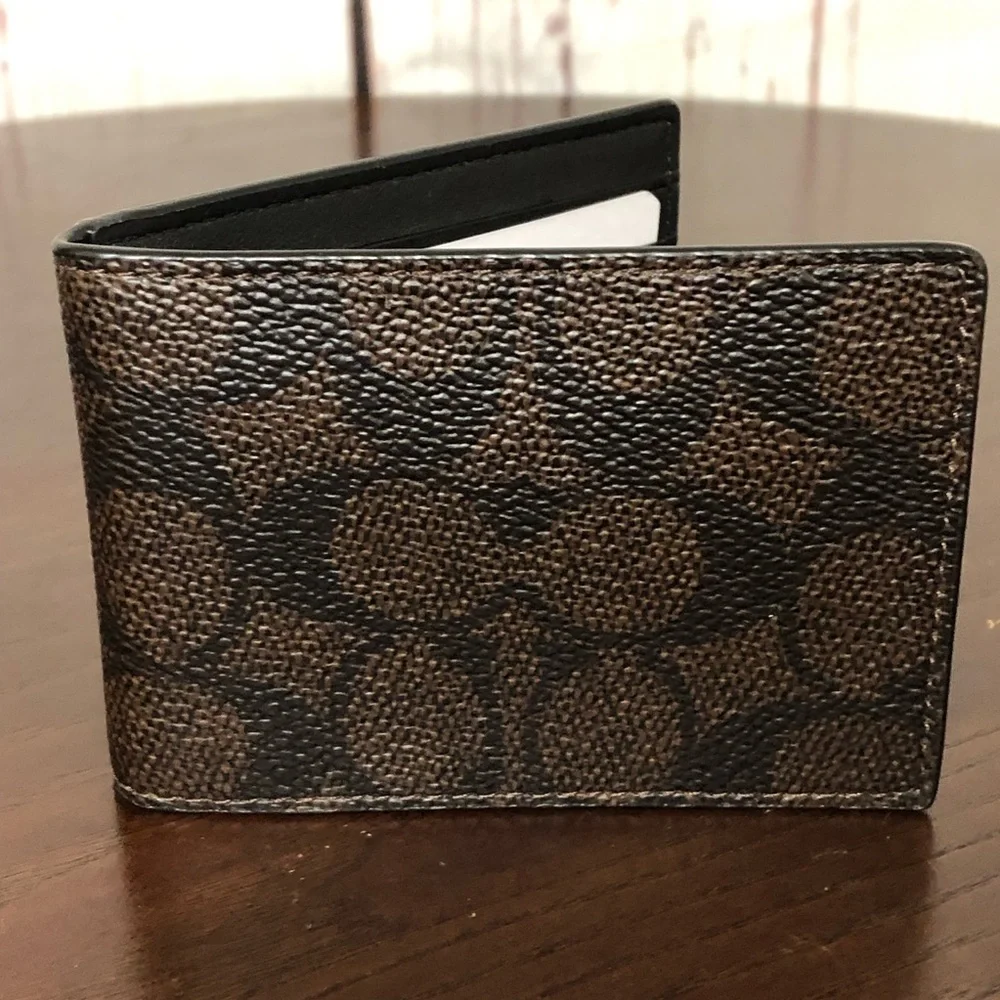 Coach compact Bifold Men's Brown Leather & coated Wallet nwt